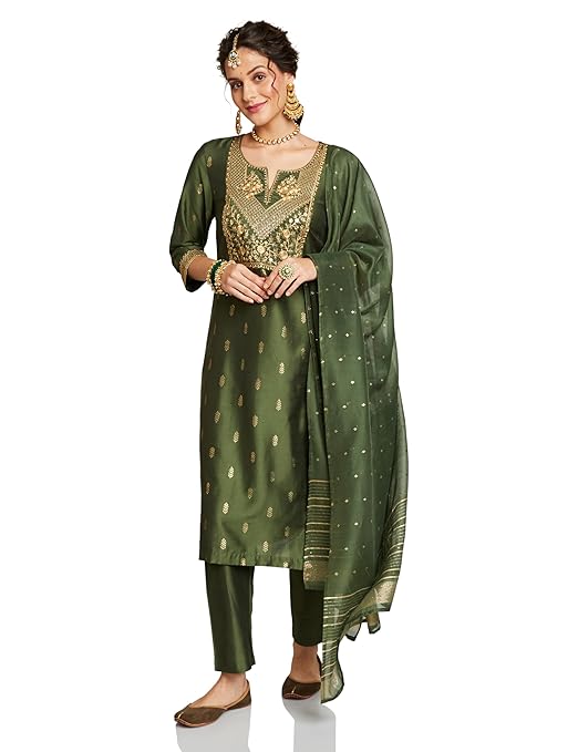 Amazon Brand - Myx Women's Embroidered Kurta Set with Designer Jacquard Dupatta (Available in Plus Sizes)